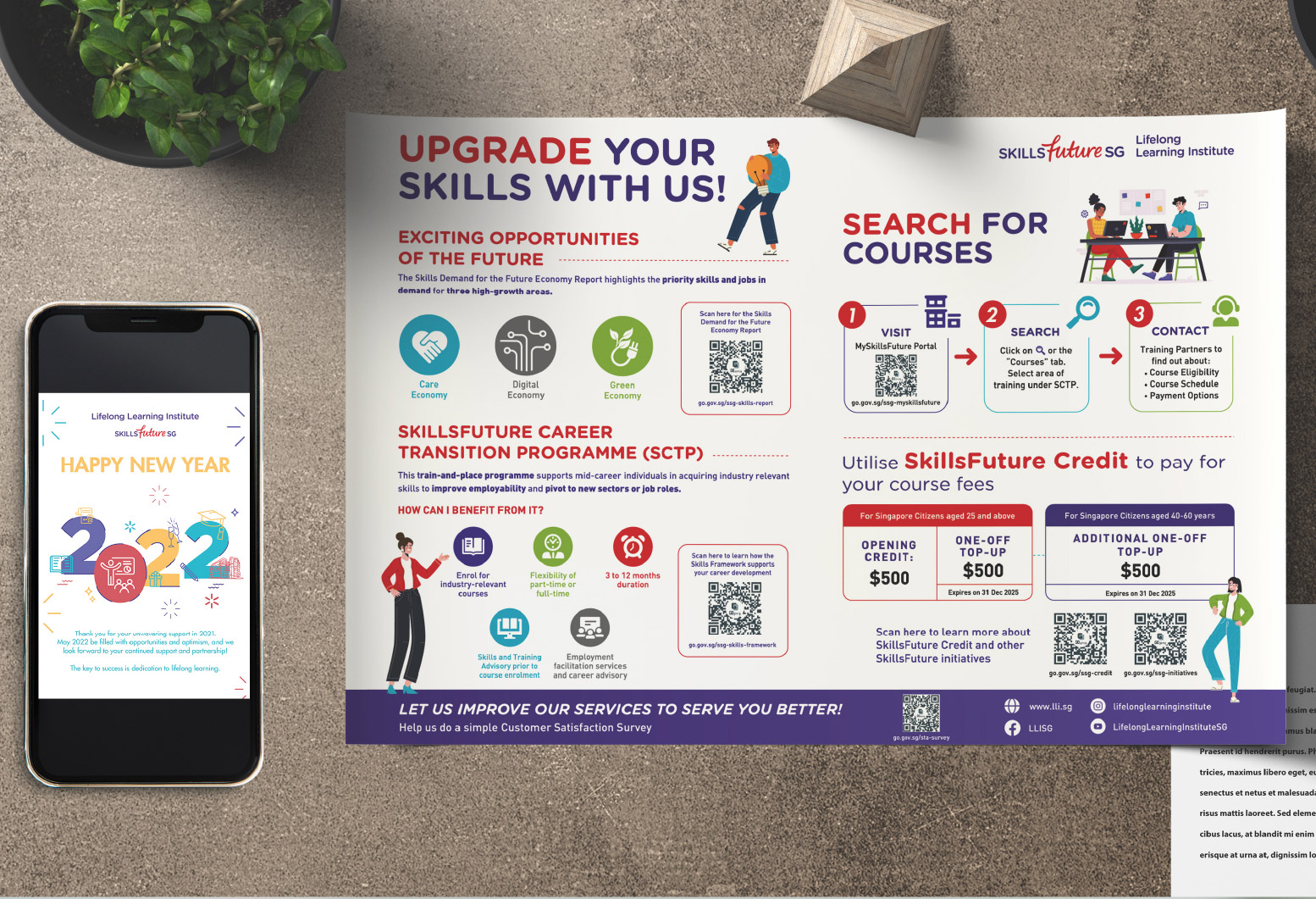 Bizsquare supported LLI by designing a suite of cohesive marketing collaterals, starting with refreshing LLI’s photo library through professional facility shoots. These visuals were applied across corporate gifts such as calendars and greeting cards, as well as digital and animated e-cards that showcased LLI’s vibrant learning culture.